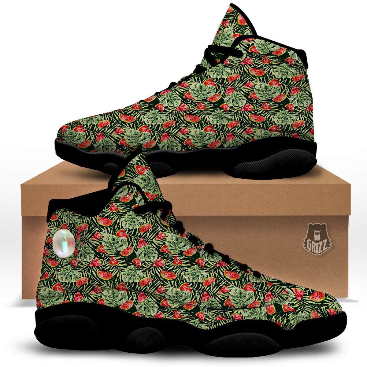Leaf Palm Watermelon Black Print Pattern Black Basketball Shoes-grizzshop