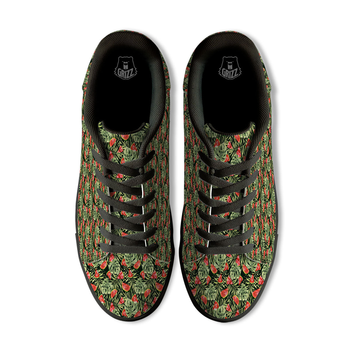 Leaf Palm Watermelon Black Print Pattern Black Low Top Sneakers-grizzshop