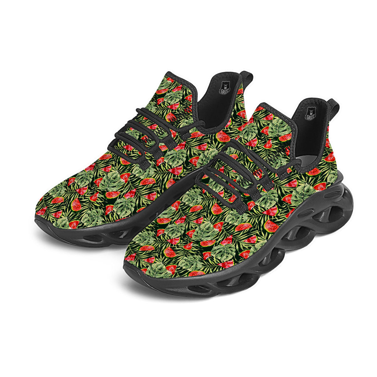 Leaf Palm Watermelon Black Print Pattern Black Running Shoes-grizzshop