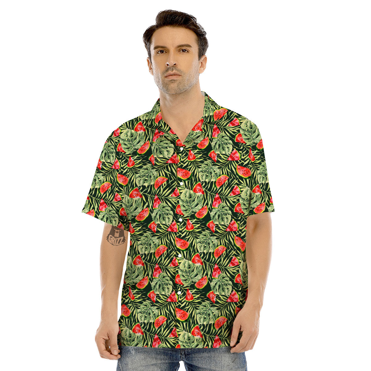 Leaf Palm Watermelon Black Print Pattern Men's Hawaiian Shirt-grizzshop