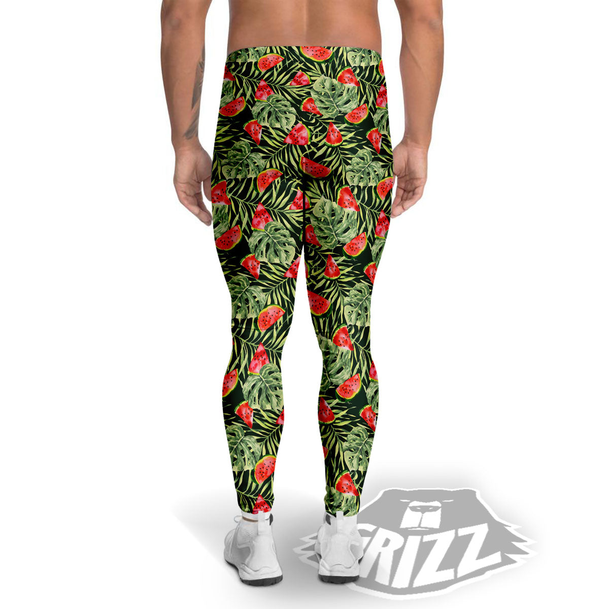 Leaf Palm Watermelon Black Print Pattern Men's Leggings-grizzshop