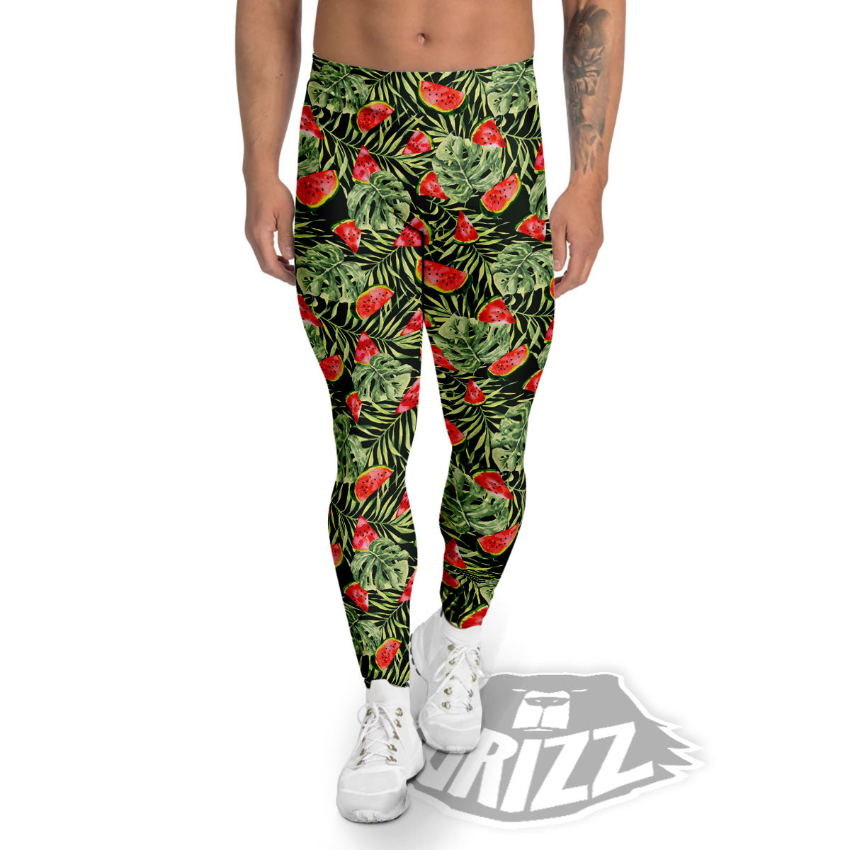 Leaf Palm Watermelon Black Print Pattern Men's Leggings-grizzshop