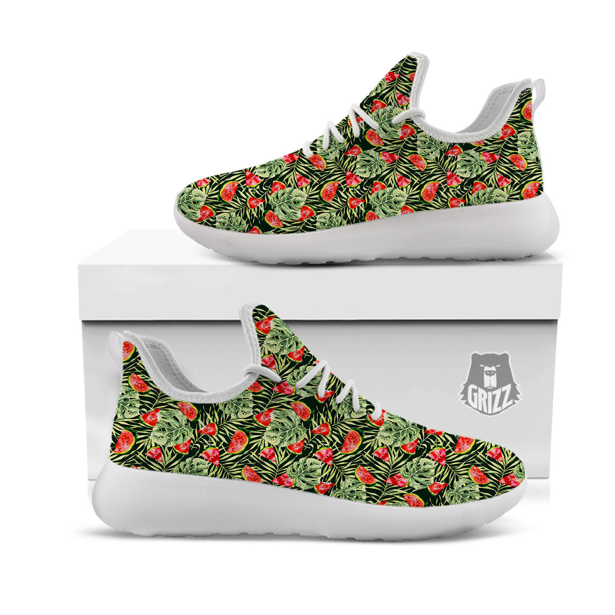 Leaf Palm Watermelon Black Print Pattern White Athletic Shoes-grizzshop