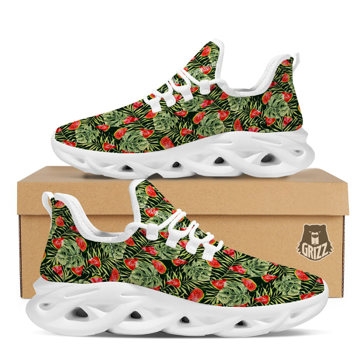 Leaf Palm Watermelon Black Print Pattern White Running Shoes-grizzshop