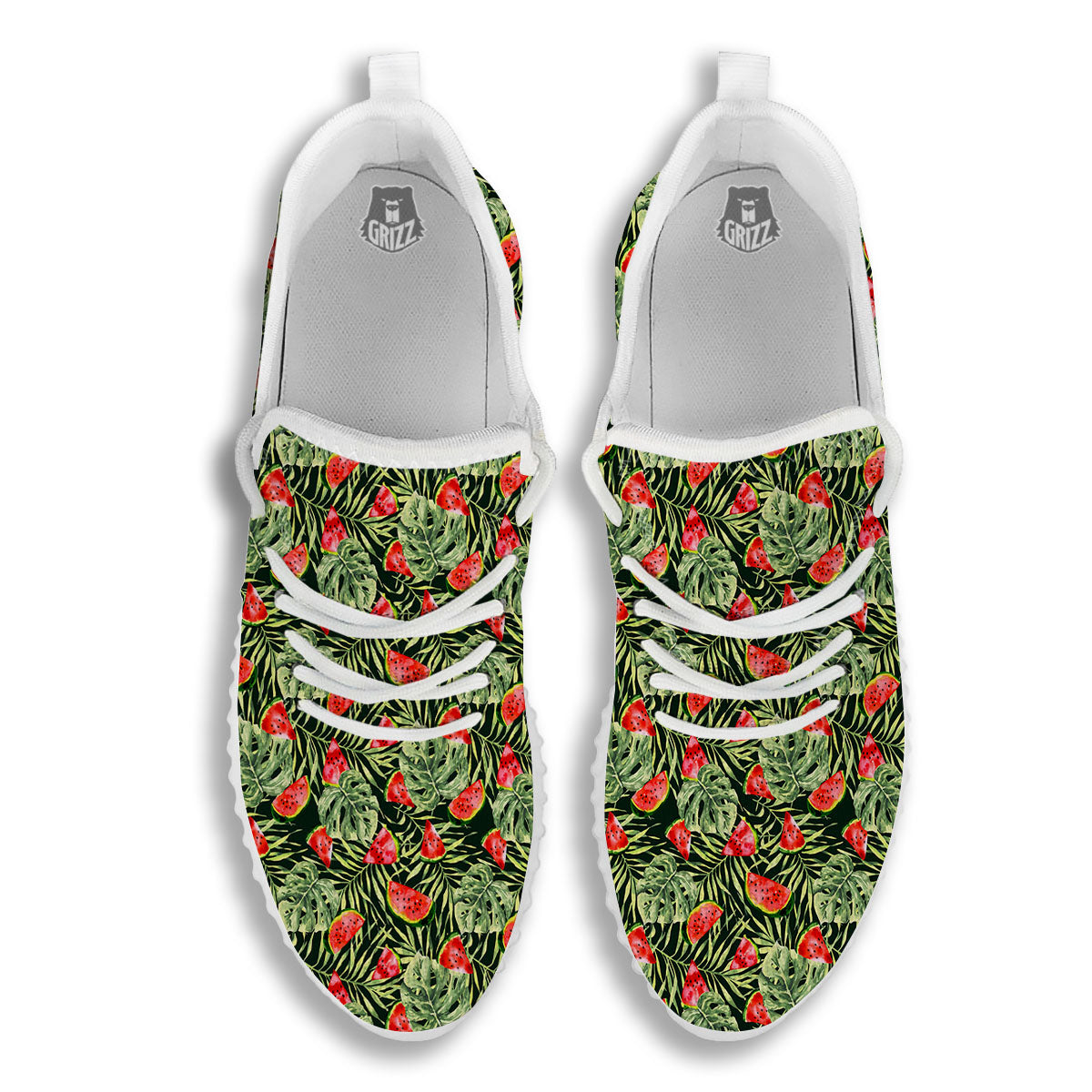 Leaf Palm Watermelon Black Print Pattern White Walking Shoes-grizzshop