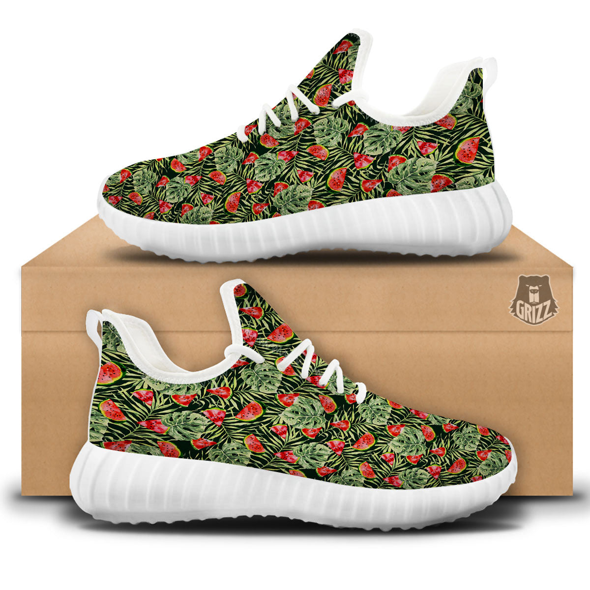 Leaf Palm Watermelon Black Print Pattern White Walking Shoes-grizzshop