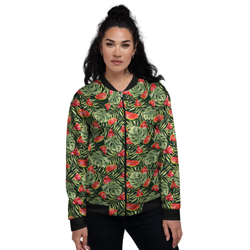 Leaf Palm Watermelon Black Print Pattern Women's Bomber Jacket-grizzshop