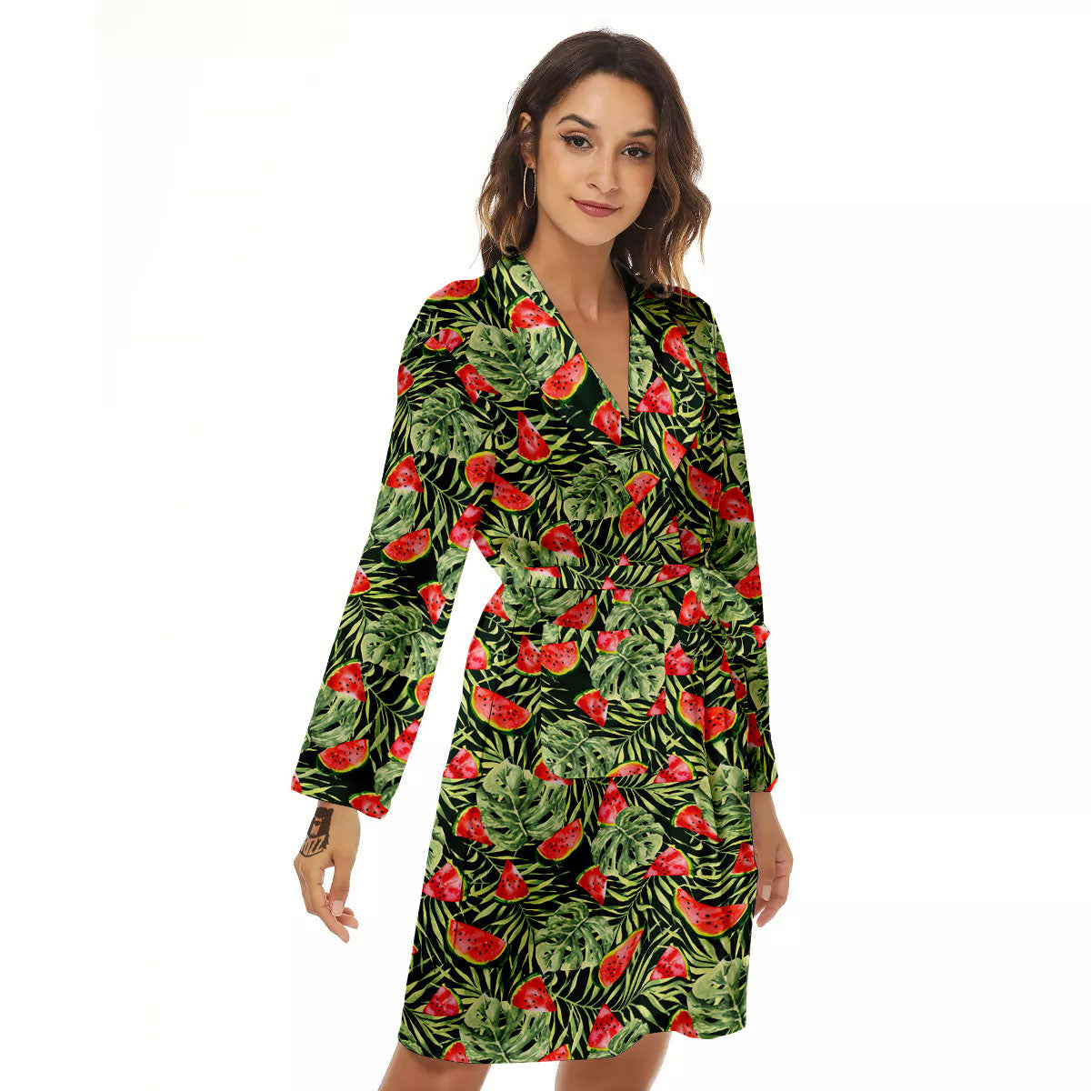 Leaf Palm Watermelon Black Print Pattern Women's Robe-grizzshop