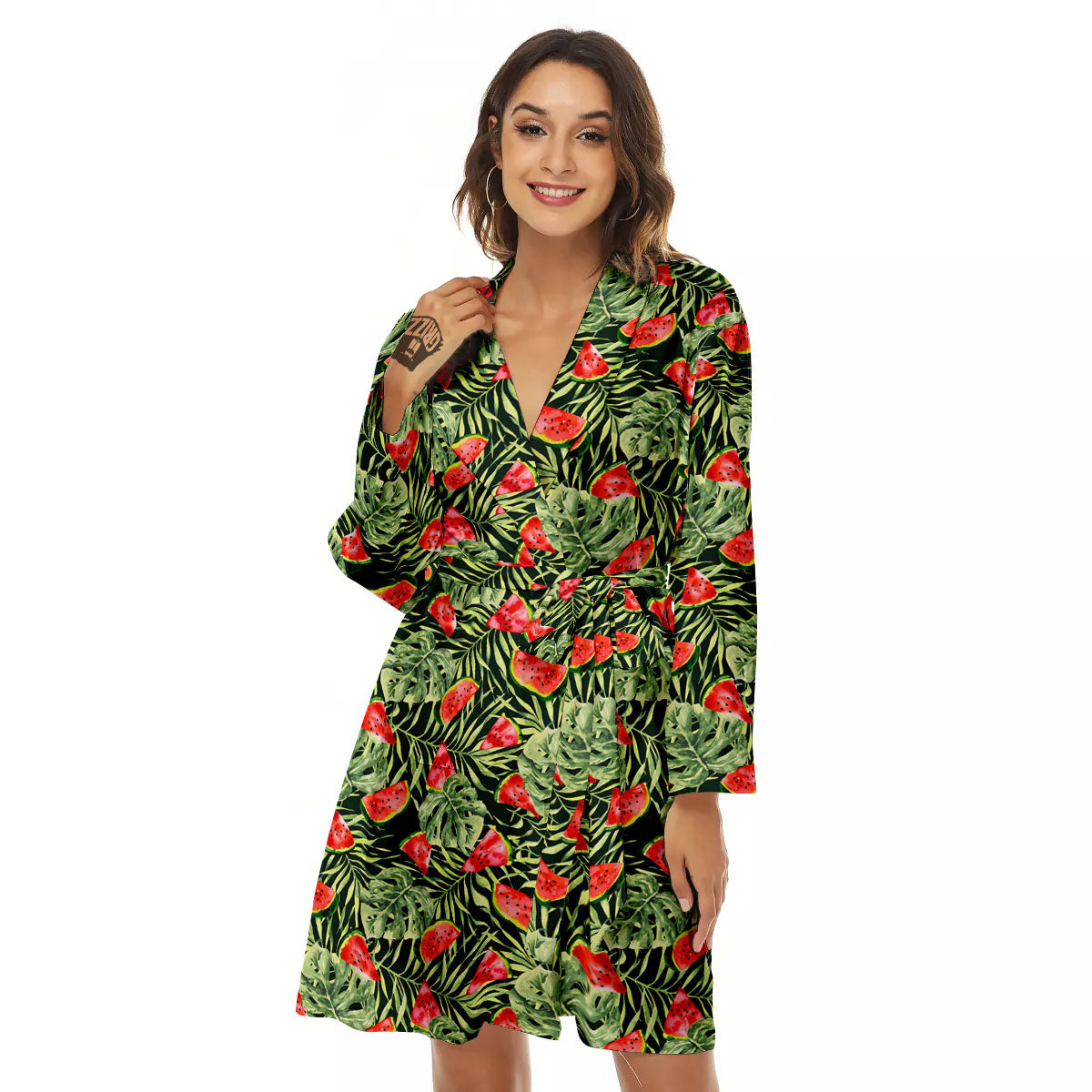 Leaf Palm Watermelon Black Print Pattern Women's Robe-grizzshop