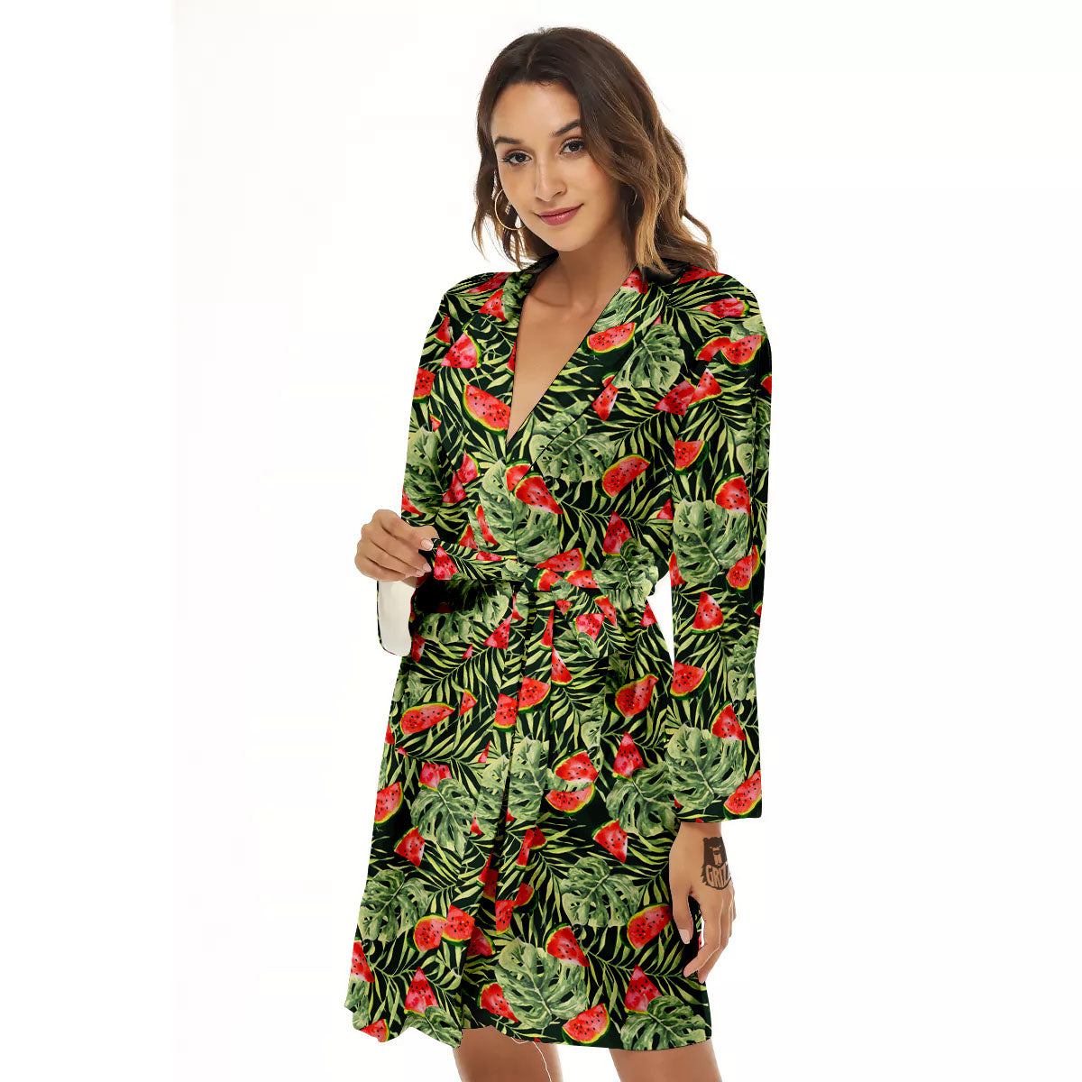 Leaf Palm Watermelon Black Print Pattern Women's Robe-grizzshop