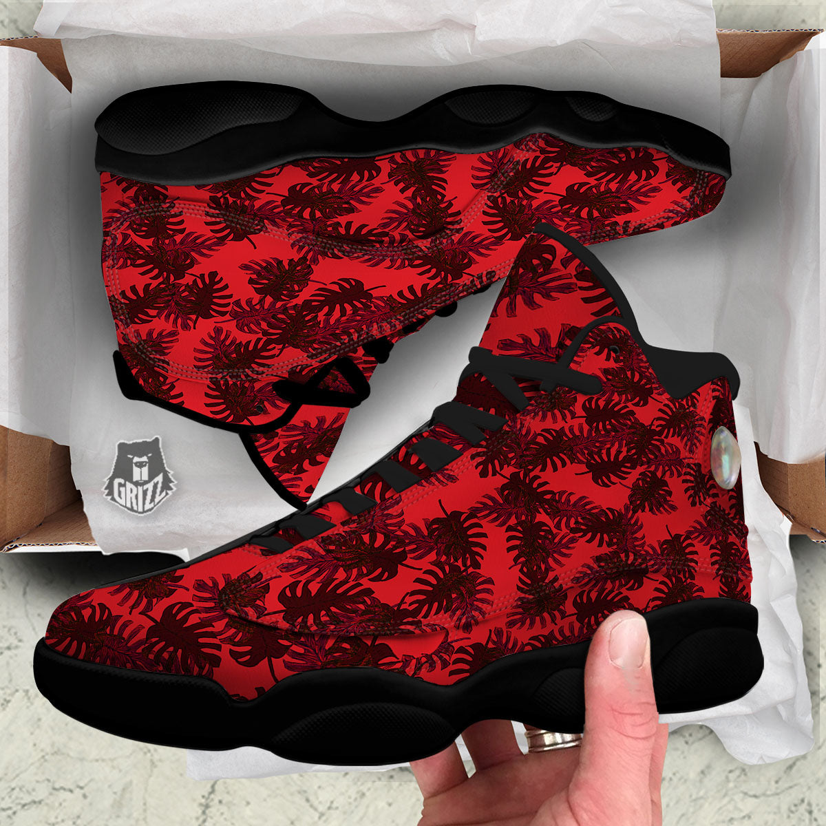 Leaf Red Print Pattern Black Basketball Shoes-grizzshop