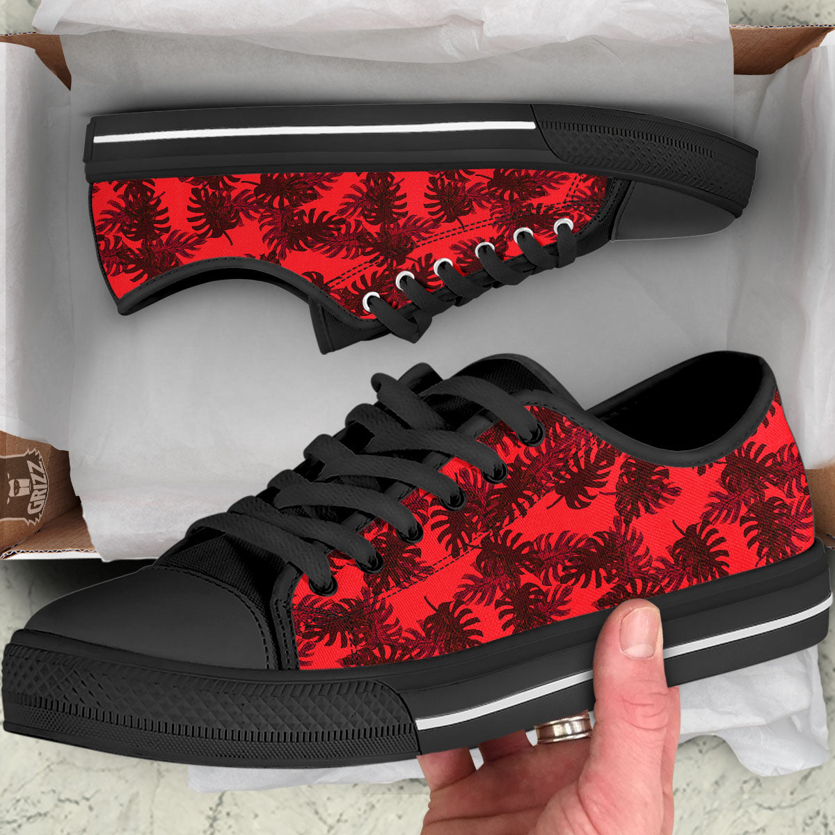 Leaf Red Print Pattern Black Low Top Shoes-grizzshop