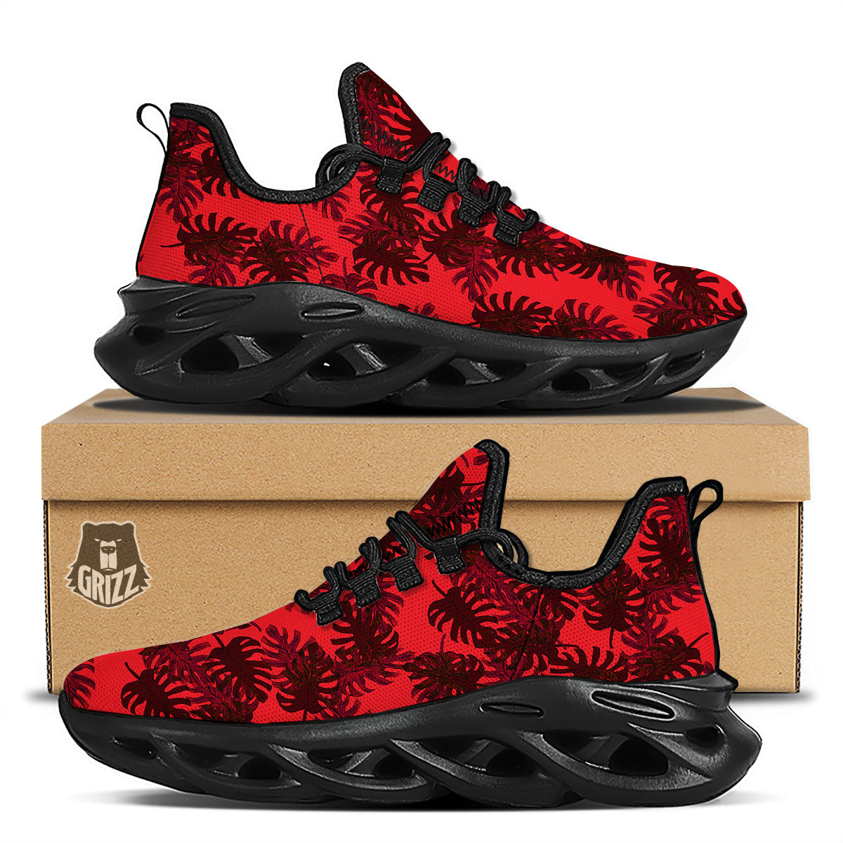 Leaf Red Print Pattern Black Running Shoes-grizzshop