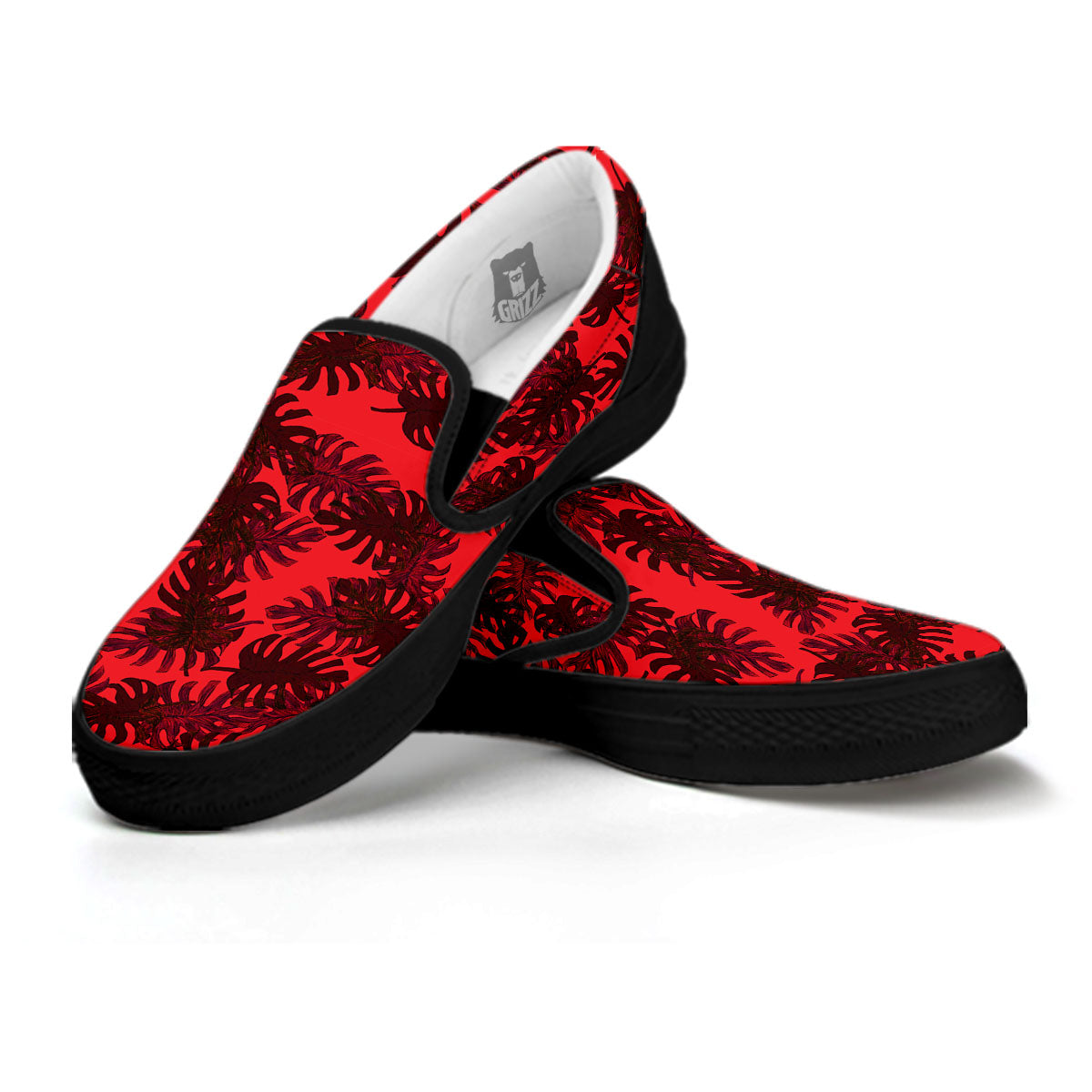 Leaf Red Print Pattern Black Slip On Shoes-grizzshop
