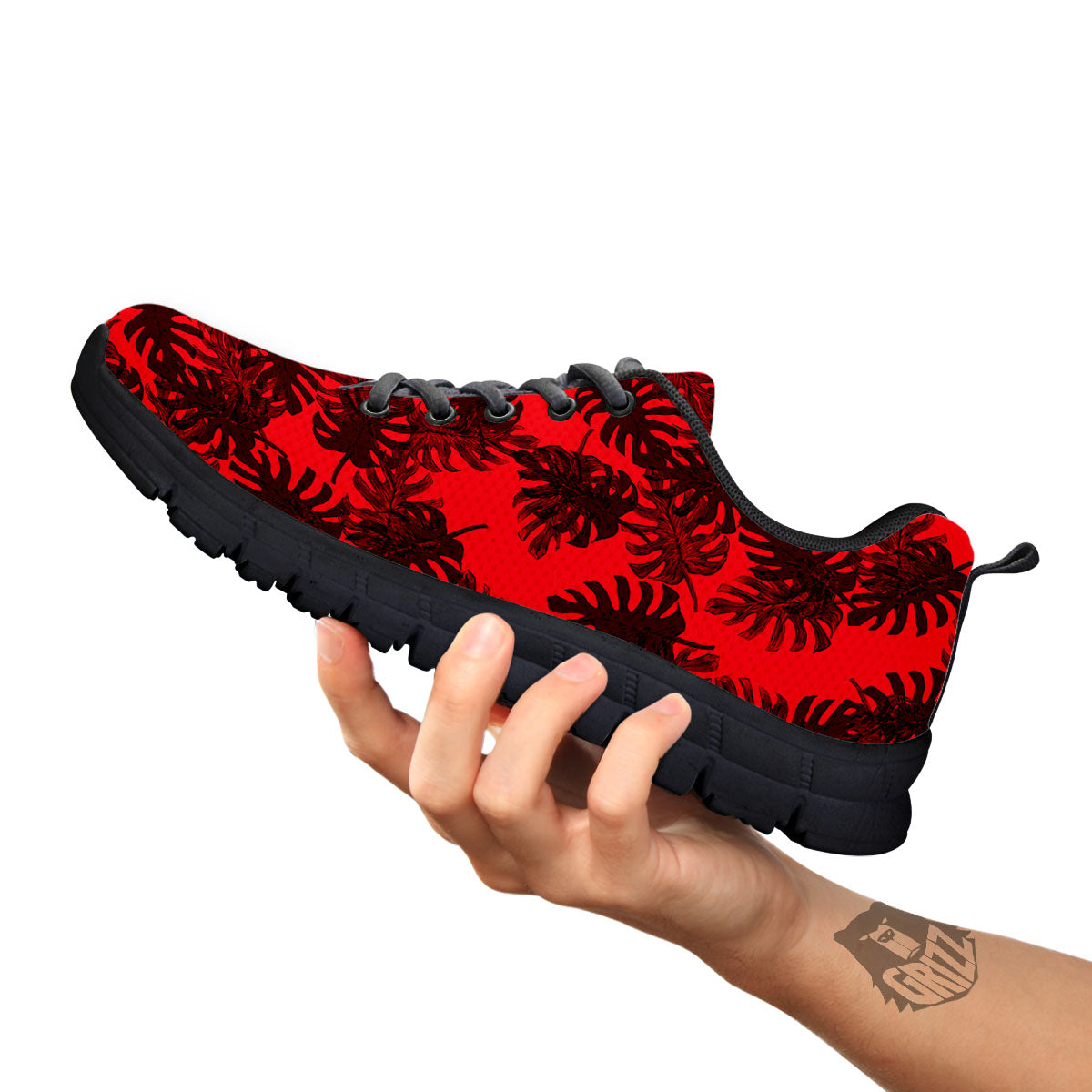 Leaf Red Print Pattern Black Sneaker-grizzshop