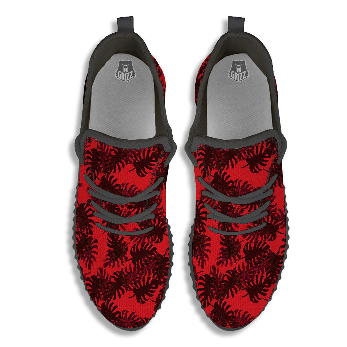 Leaf Red Print Pattern Black Walking Shoes-grizzshop