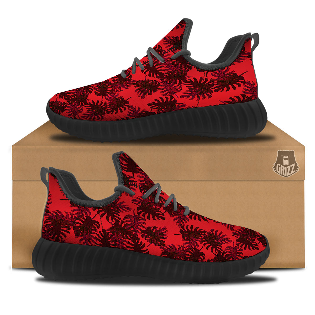 Leaf Red Print Pattern Black Walking Shoes-grizzshop