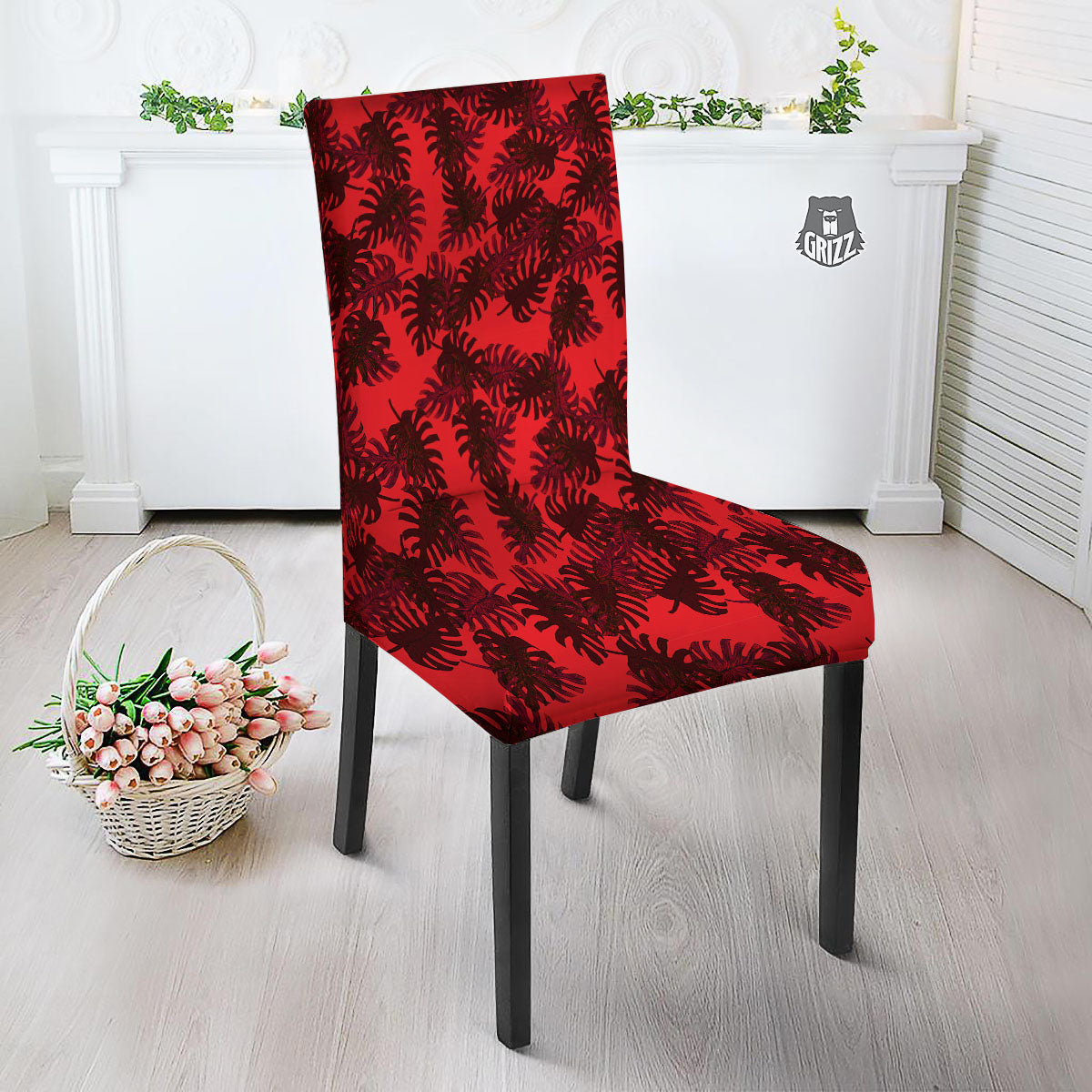 Leaf Red Print Pattern Dining Chair Slipcover-grizzshop