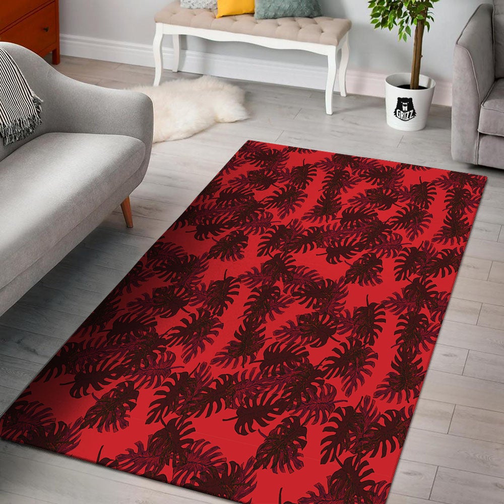 Leaf Red Print Pattern Floor Mat-grizzshop