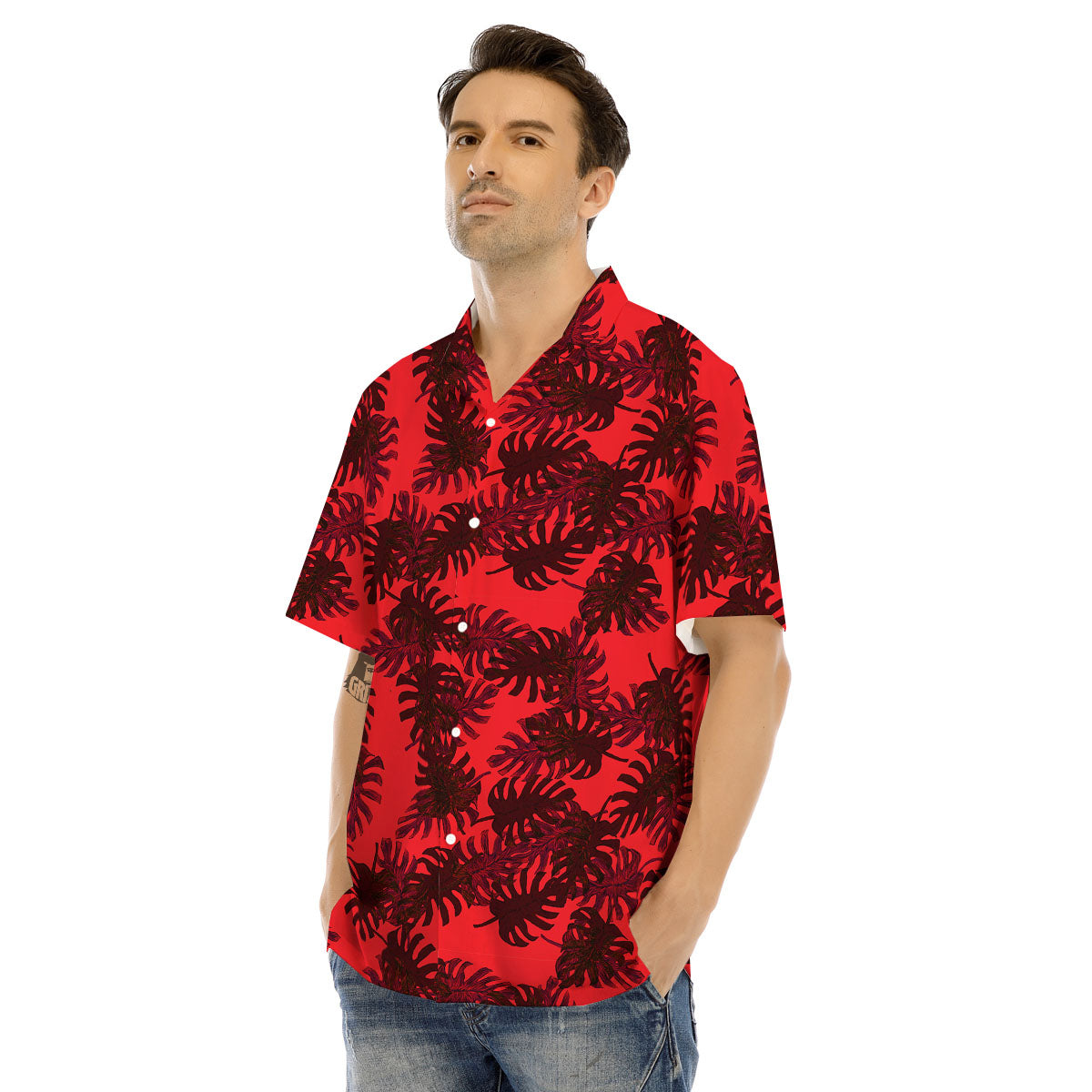 Leaf Red Print Pattern Men's Hawaiian Shirt-grizzshop