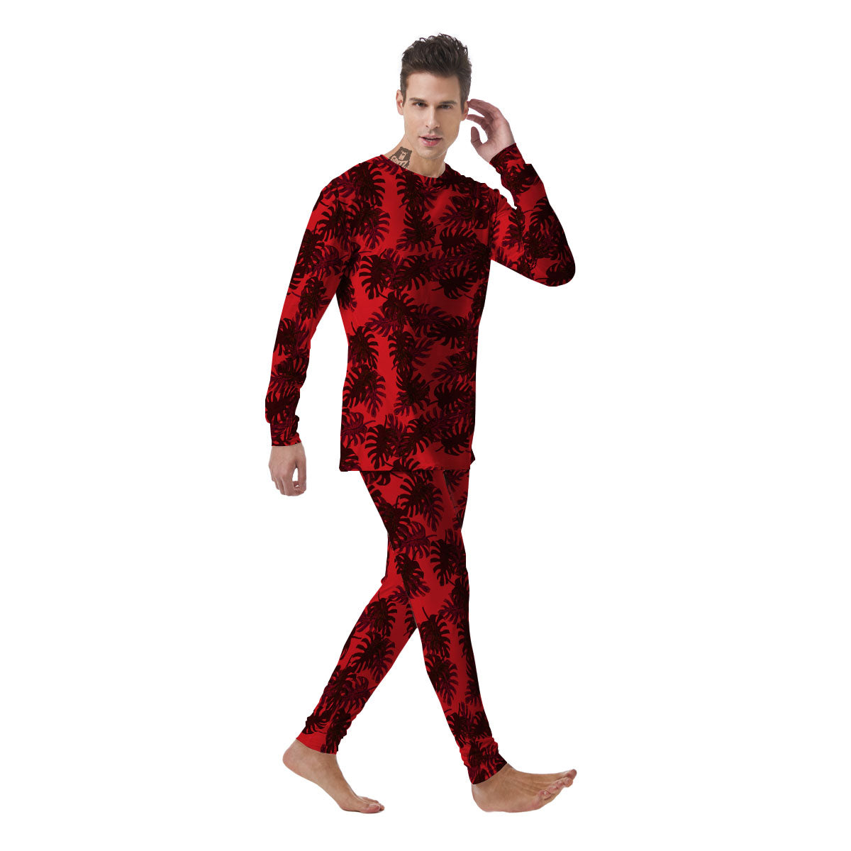 Leaf Red Print Pattern Men's Pajamas-grizzshop