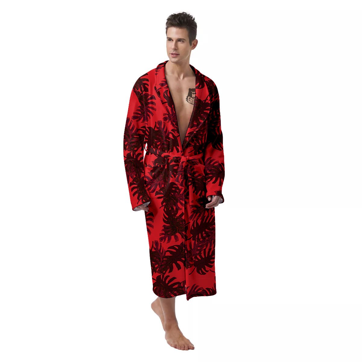 Leaf Red Print Pattern Men's Robe-grizzshop