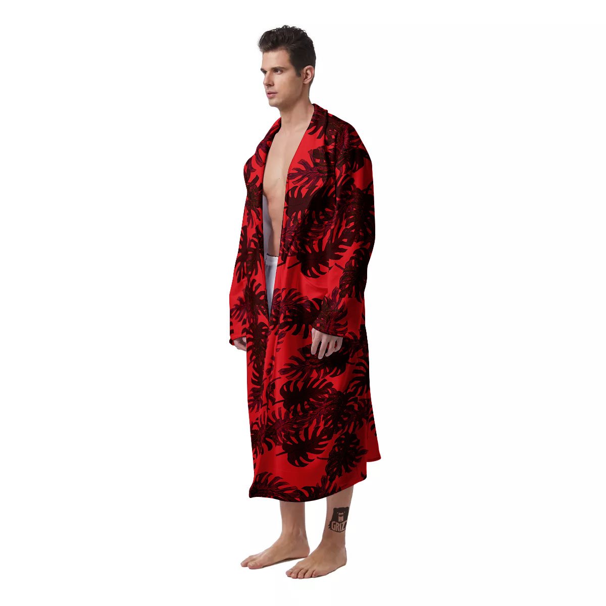 Leaf Red Print Pattern Men's Robe-grizzshop