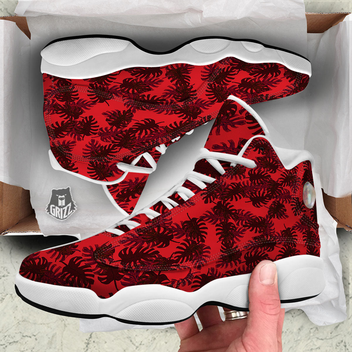 Leaf Red Print Pattern White Basketball Shoes-grizzshop