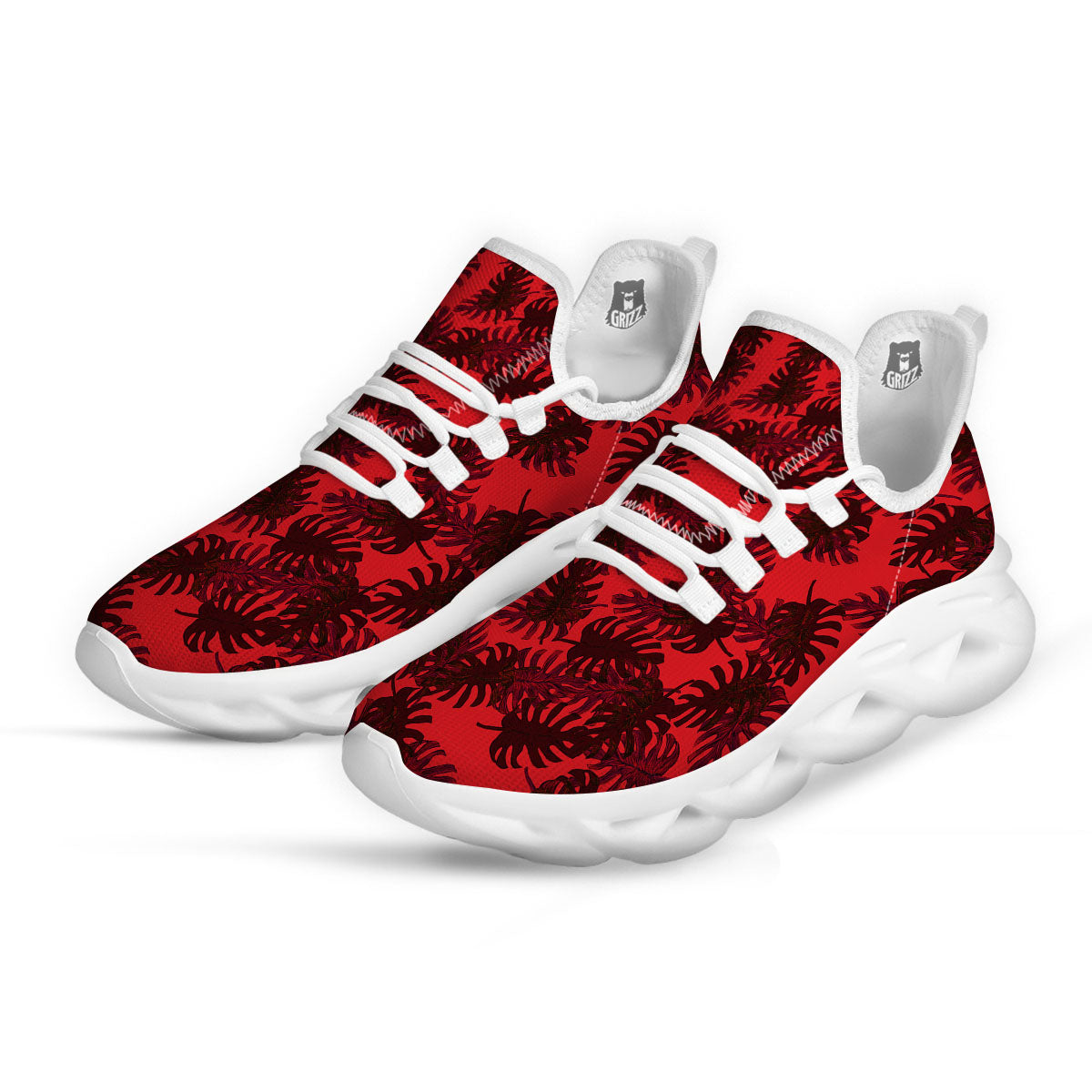 Leaf Red Print Pattern White Running Shoes-grizzshop