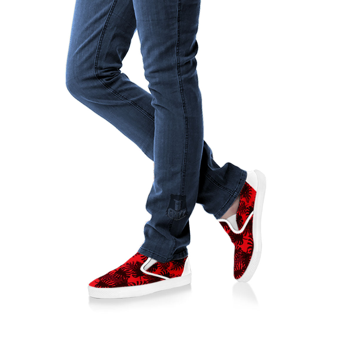 Leaf Red Print Pattern White Slip On Shoes-grizzshop