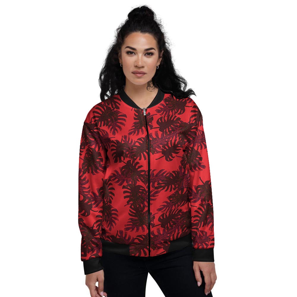 Leaf Red Print Pattern Women's Bomber Jacket-grizzshop