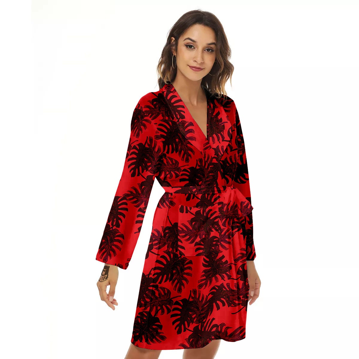 Leaf Red Print Pattern Women's Robe-grizzshop