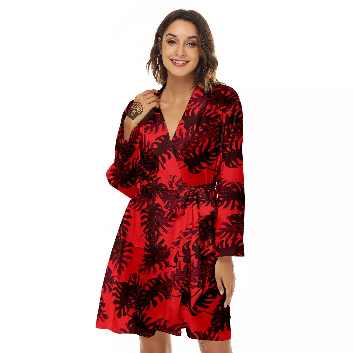Leaf Red Print Pattern Women's Robe-grizzshop