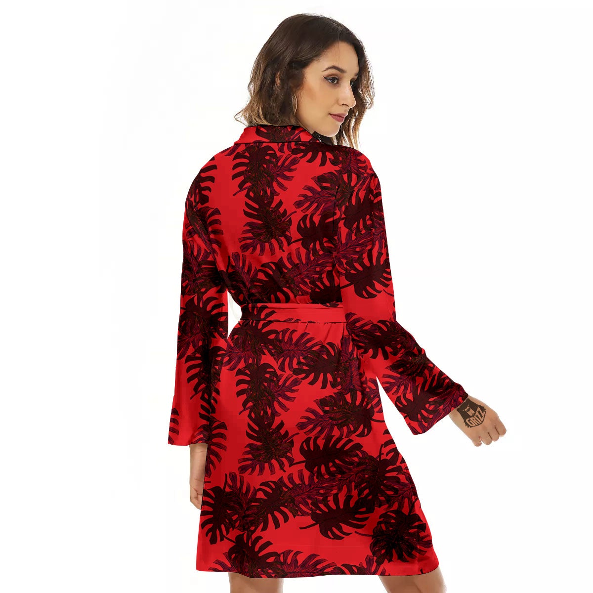 Leaf Red Print Pattern Women's Robe-grizzshop