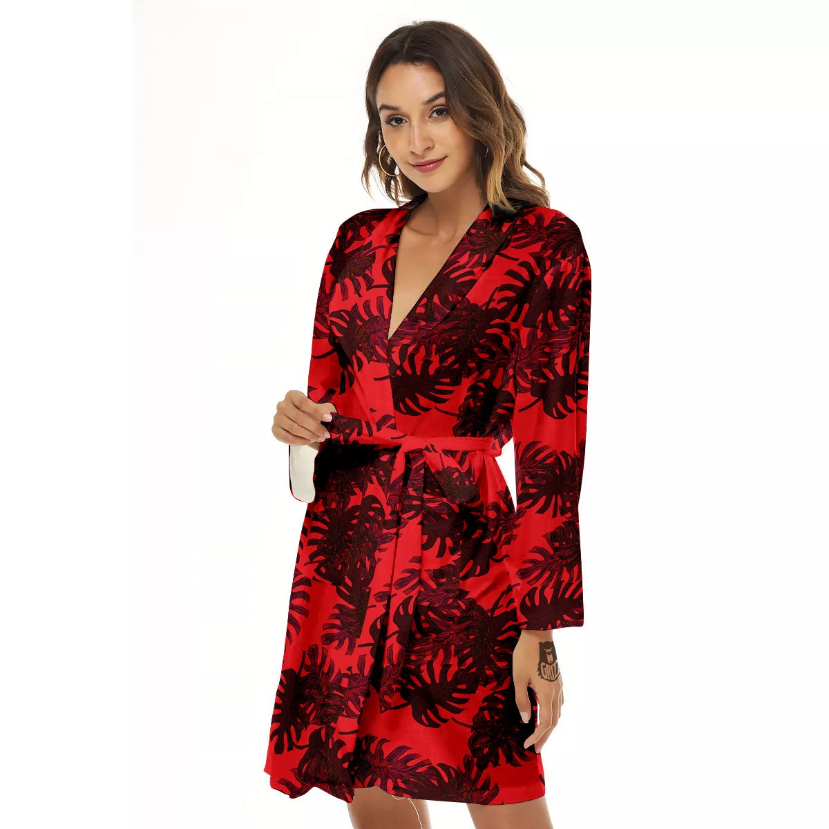 Leaf Red Print Pattern Women's Robe-grizzshop