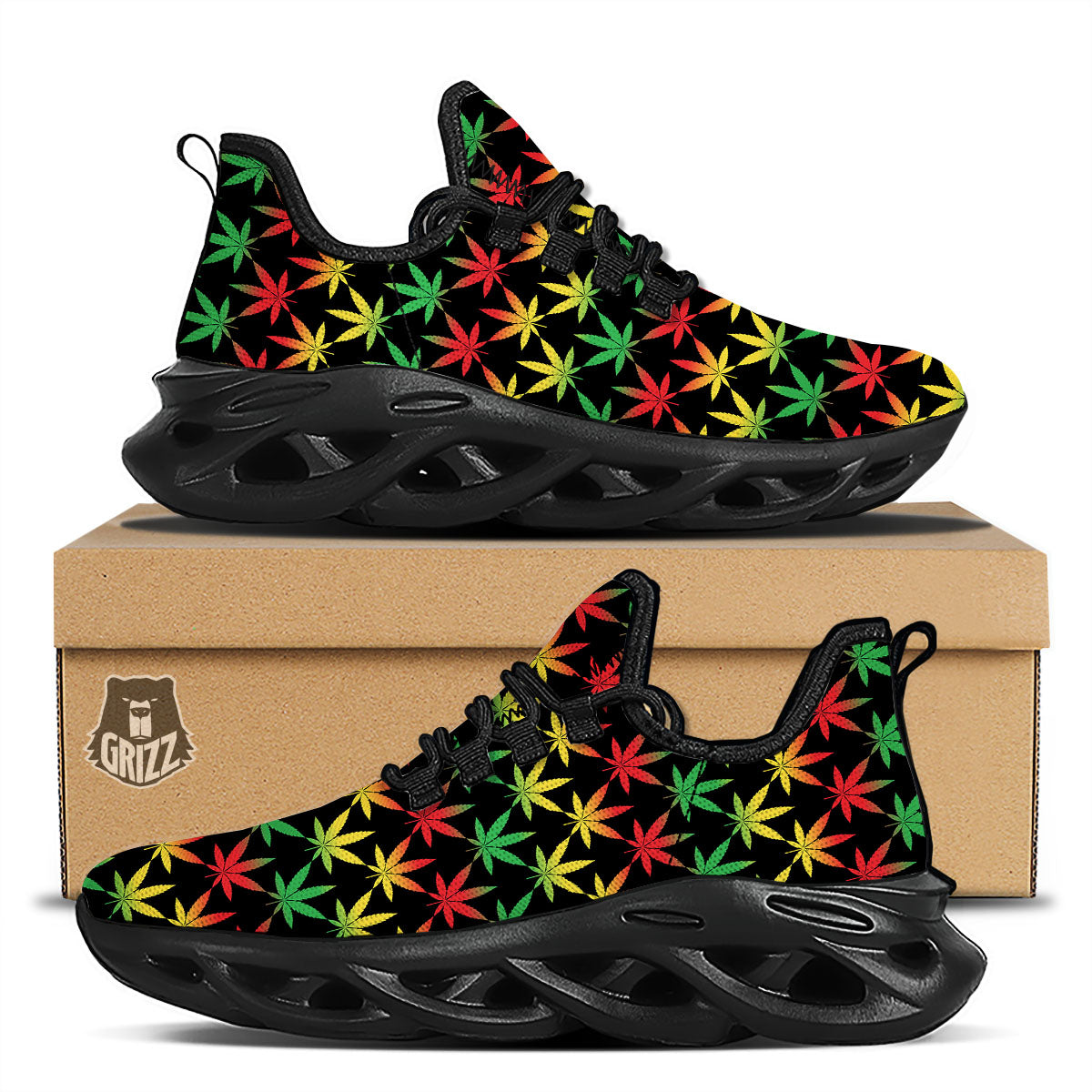 Leaf Reggae Marijuana Print Pattern Black Running Shoes-grizzshop