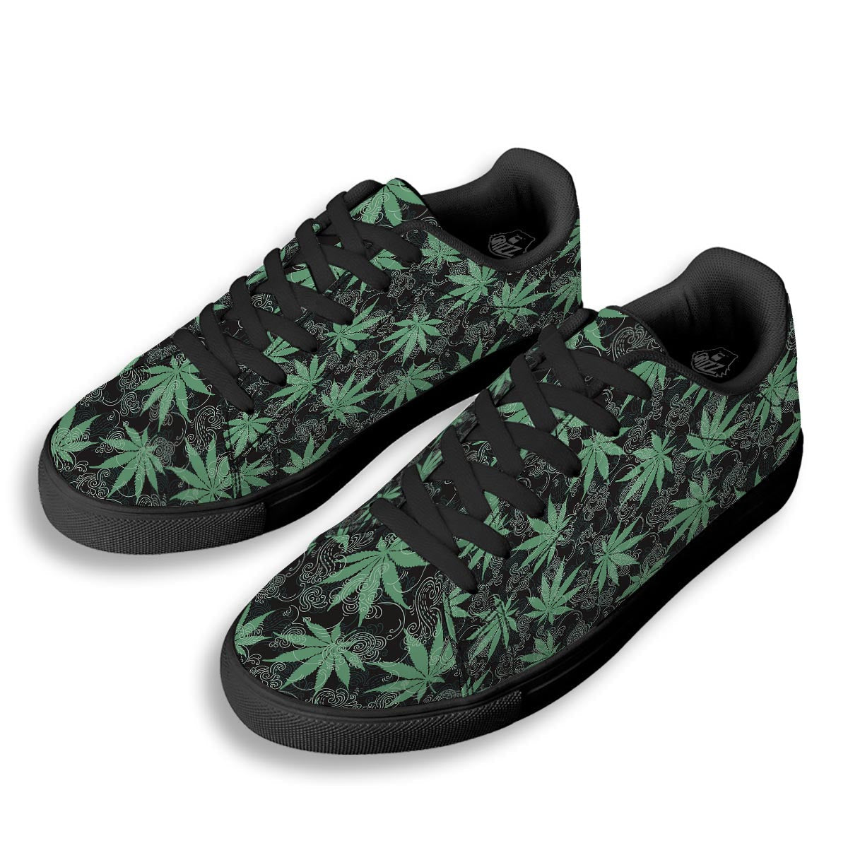 Leaf Swirl Cannabis Print Pattern Black Low Top Sneakers-grizzshop
