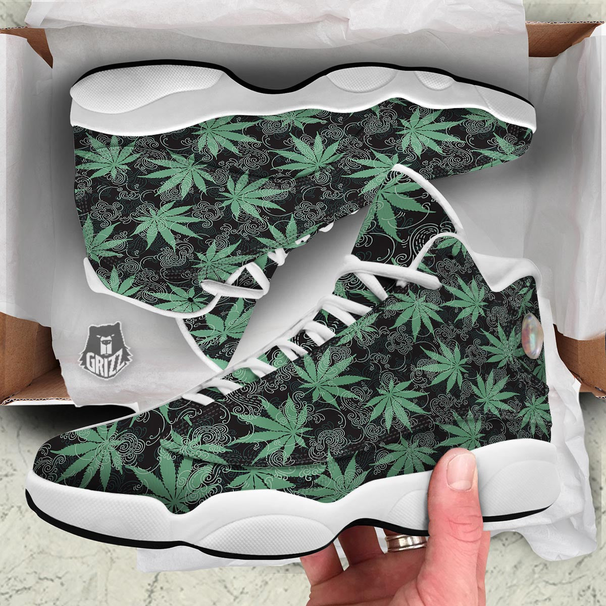 Leaf Swirl Cannabis Print Pattern White Basketball Shoes-grizzshop