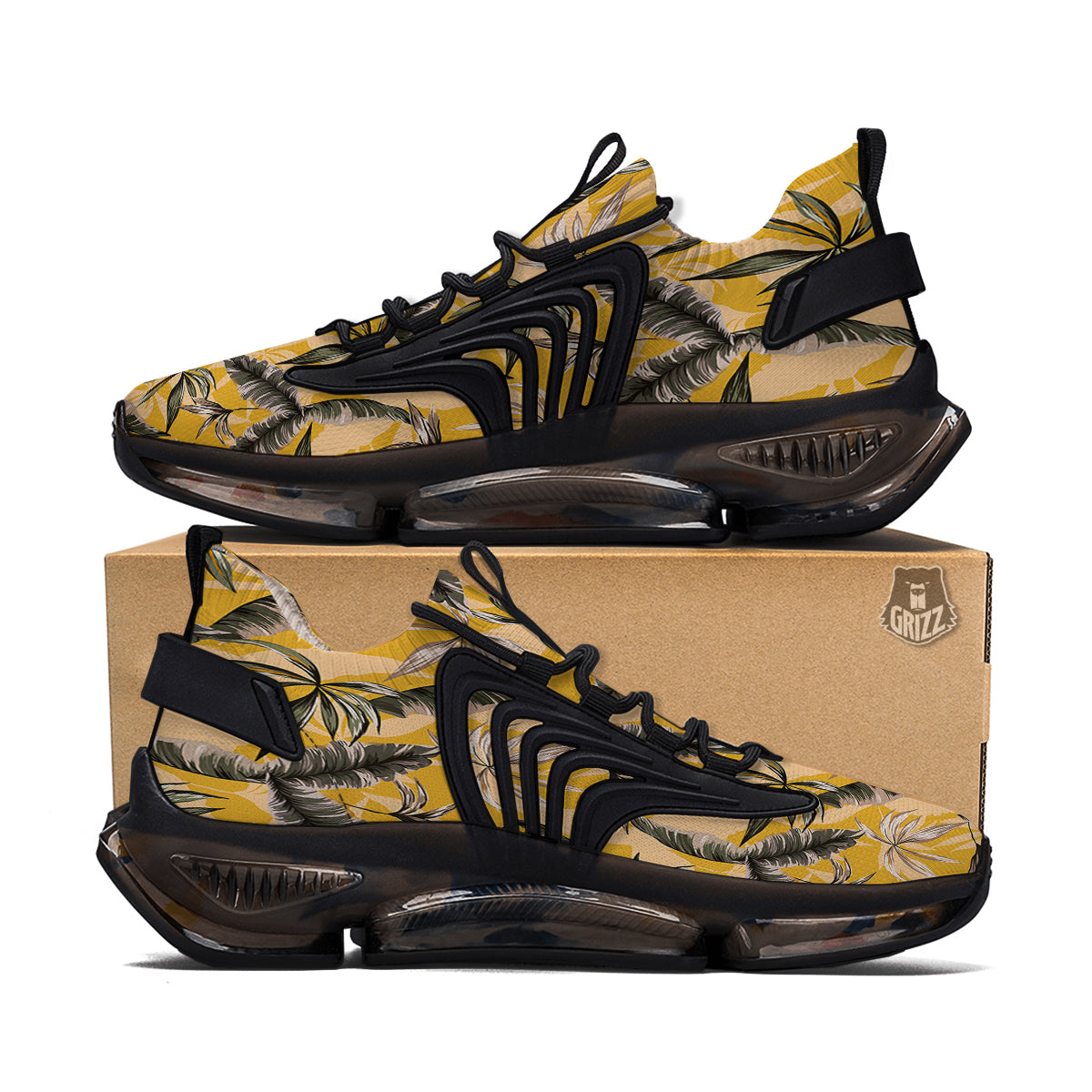 Leaves Monstera Yellow Print Pattern Black Gym Shoes-grizzshop