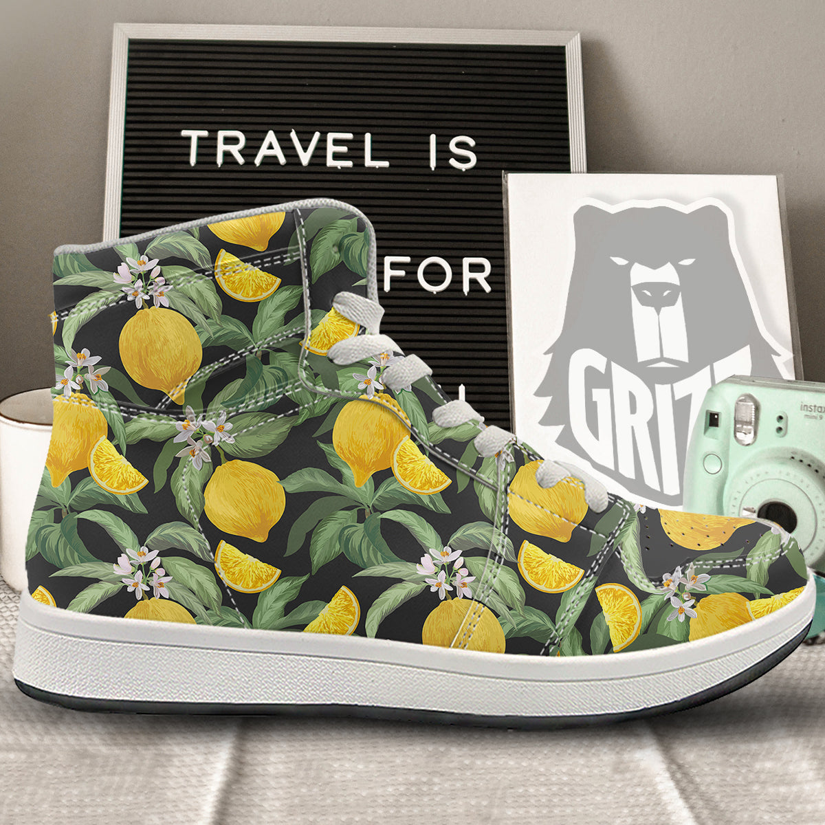 Lemon Yellow Print Pattern High Top Sneakers-grizzshop