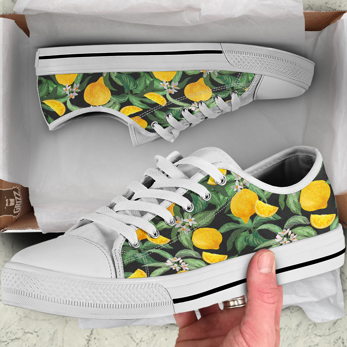Lemon Yellow Print Pattern White Low Top Shoes-grizzshop