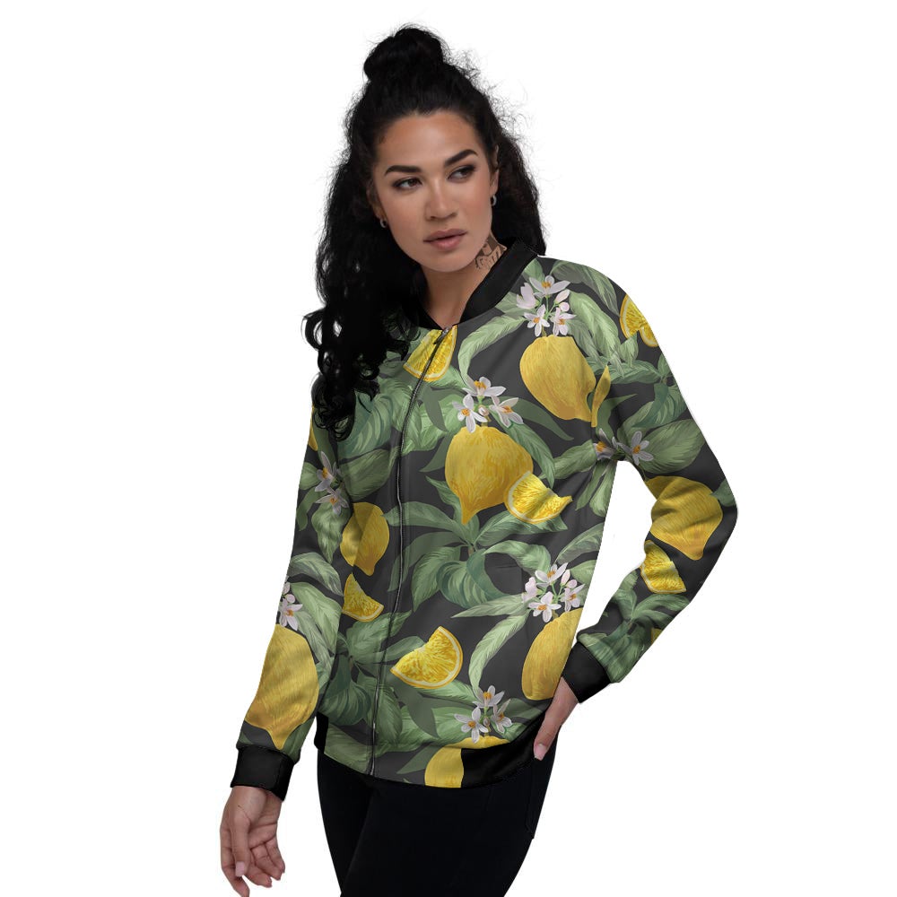 Lemon Yellow Print Pattern Women's Bomber Jacket-grizzshop