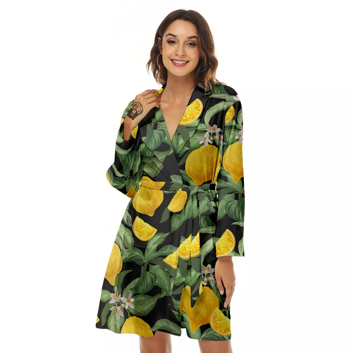 Lemon Yellow Print Pattern Women's Robe-grizzshop