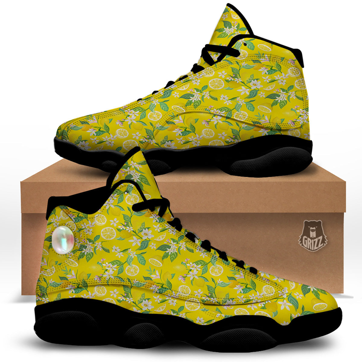 Lemon Yellow Topic Fruits Print Pattern Black Basketball Shoes-grizzshop