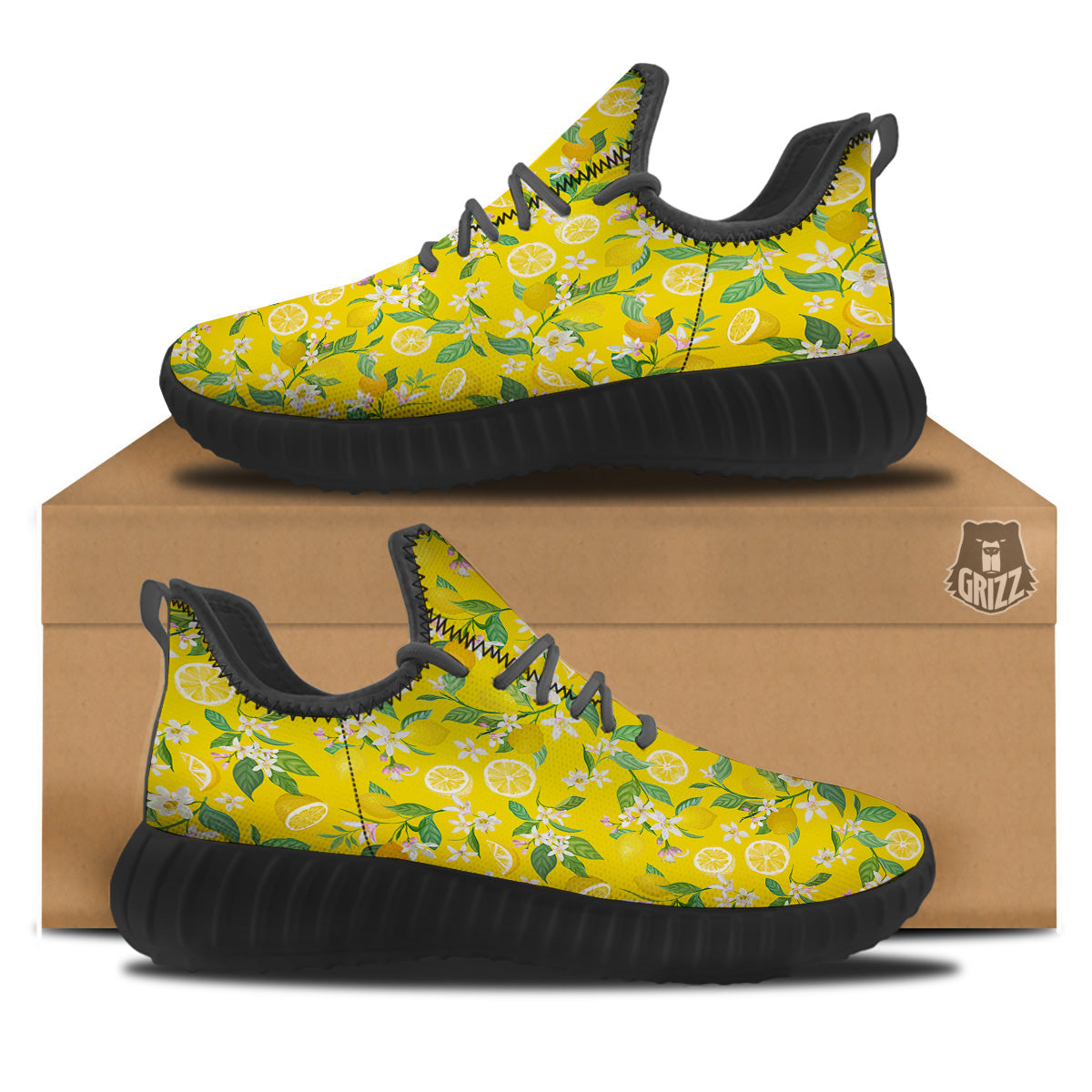 Lemon Yellow Topic Fruits Print Pattern Black Walking Shoes-grizzshop