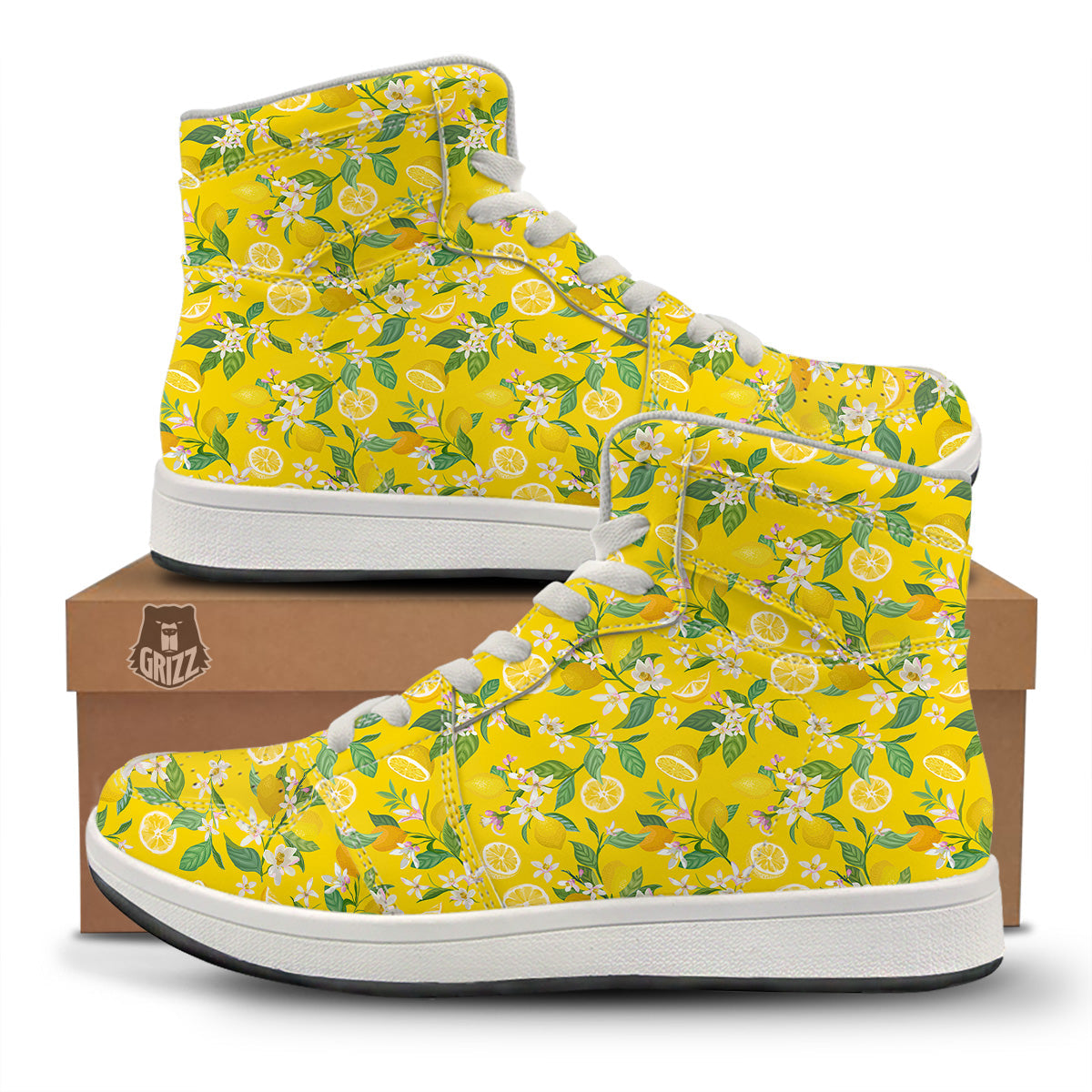 Lemon Yellow Topic Fruits Print Pattern High Top Sneakers-grizzshop