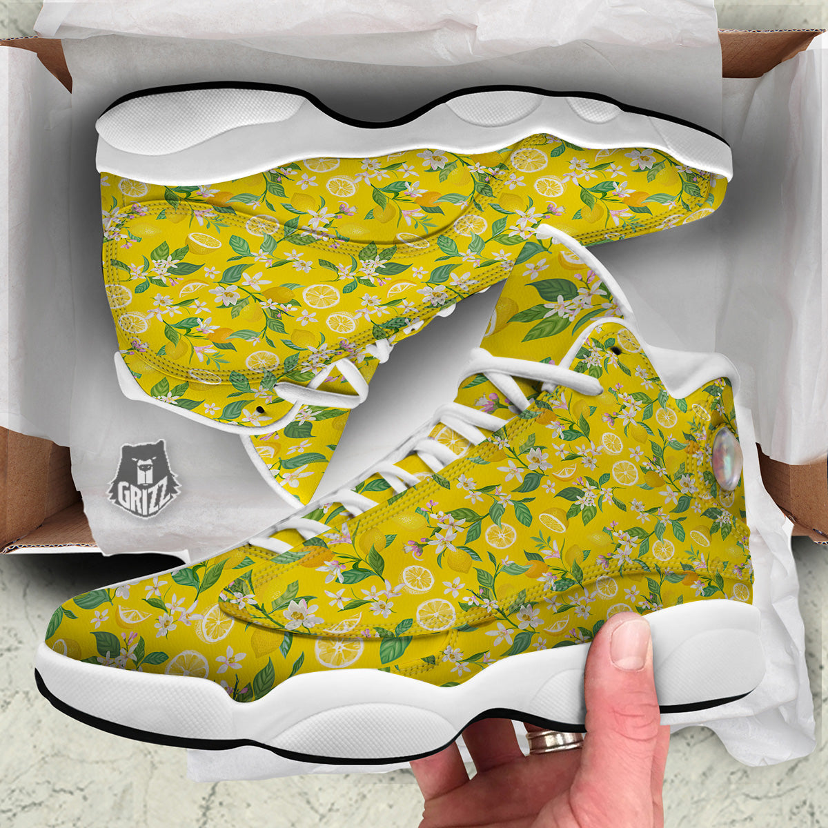 Lemon Yellow Topic Fruits Print Pattern White Basketball Shoes-grizzshop