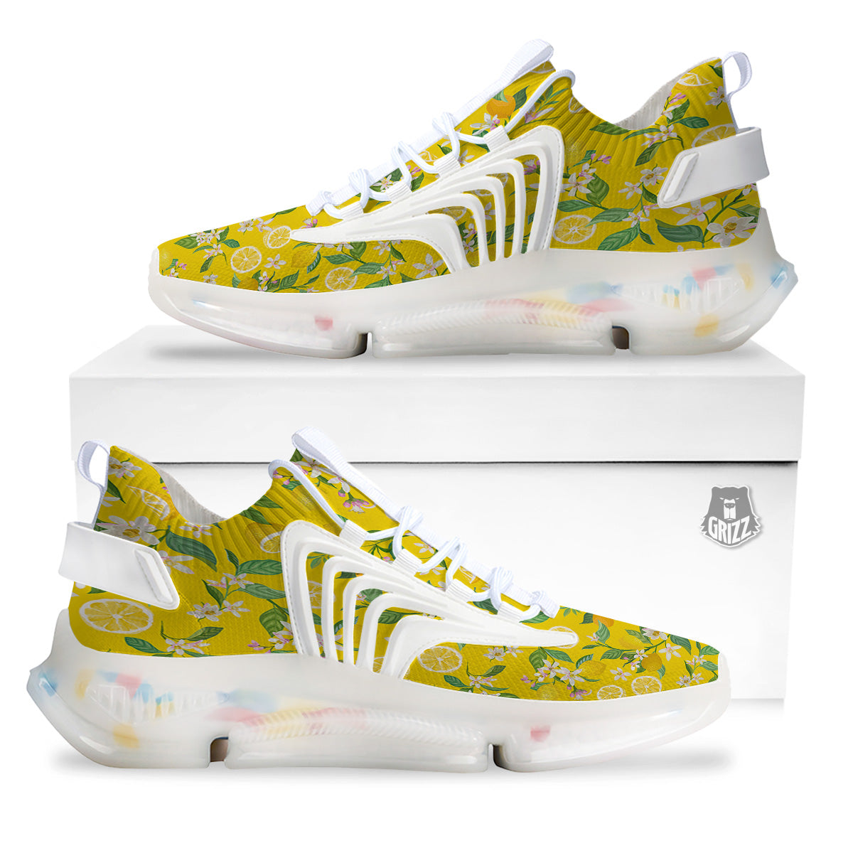 Lemon Yellow Topic Fruits Print Pattern White Gym Shoes-grizzshop