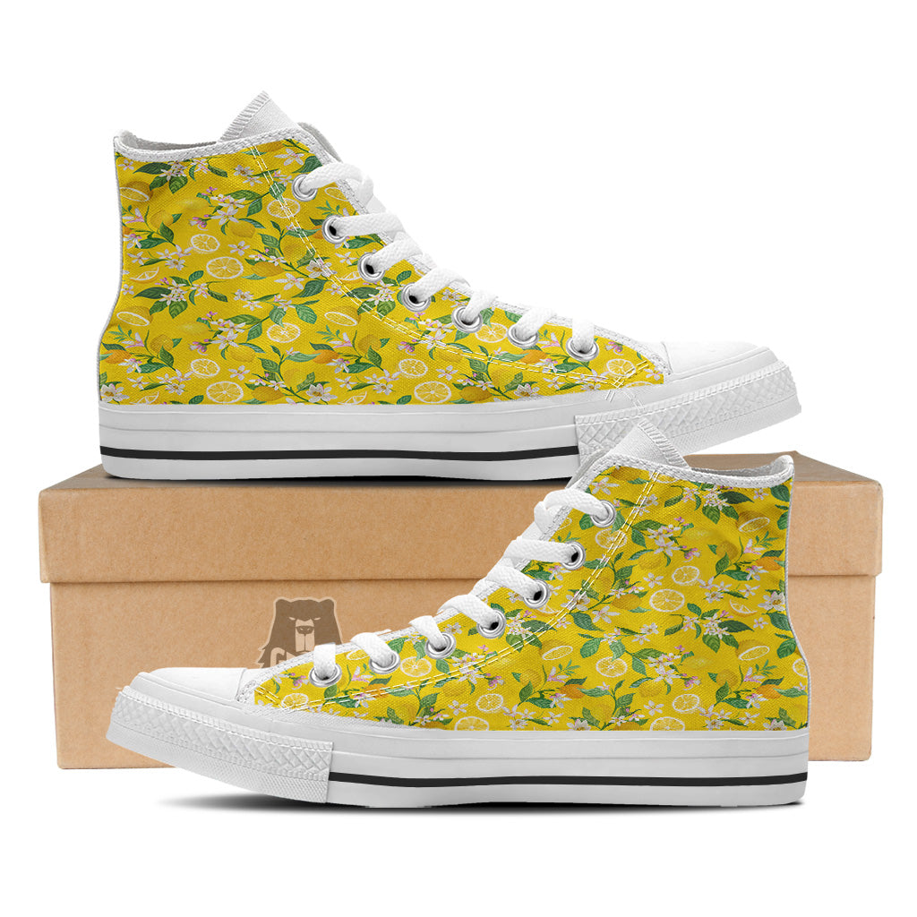 Lemon Yellow Topic Fruits Print Pattern White High Top Shoes-grizzshop