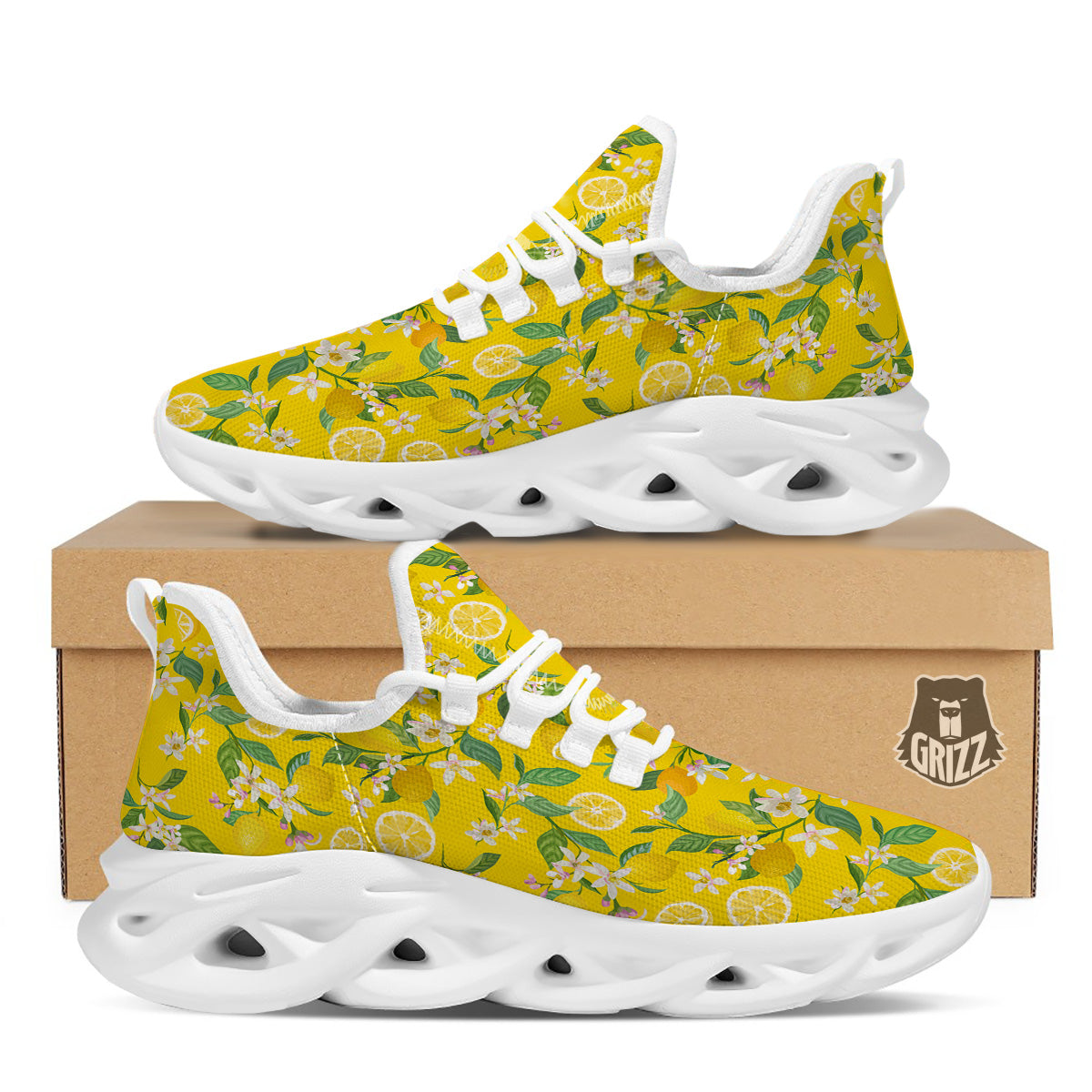 Lemon Yellow Topic Fruits Print Pattern White Running Shoes-grizzshop